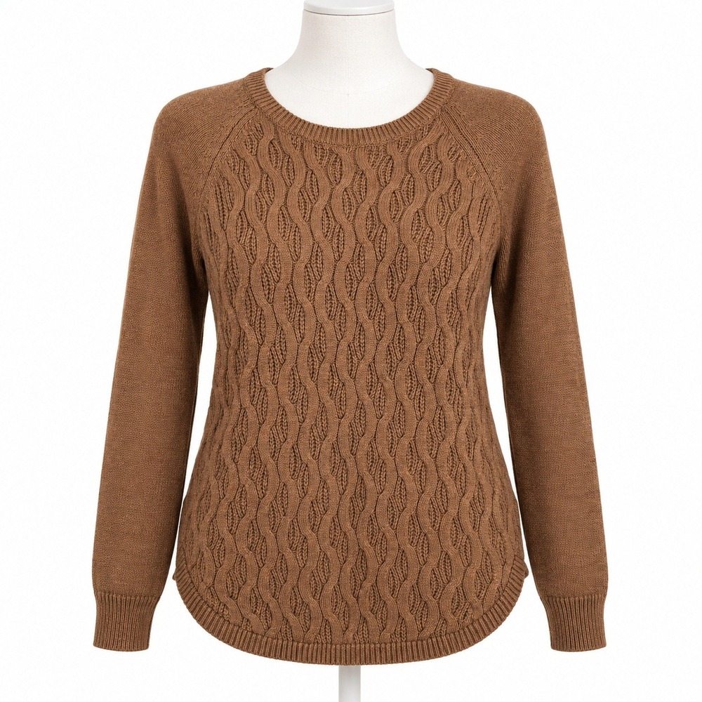 Brown Cable Knit Fisherman Sweater Sz M Brown Crew Neck Classic Heritage Minimal